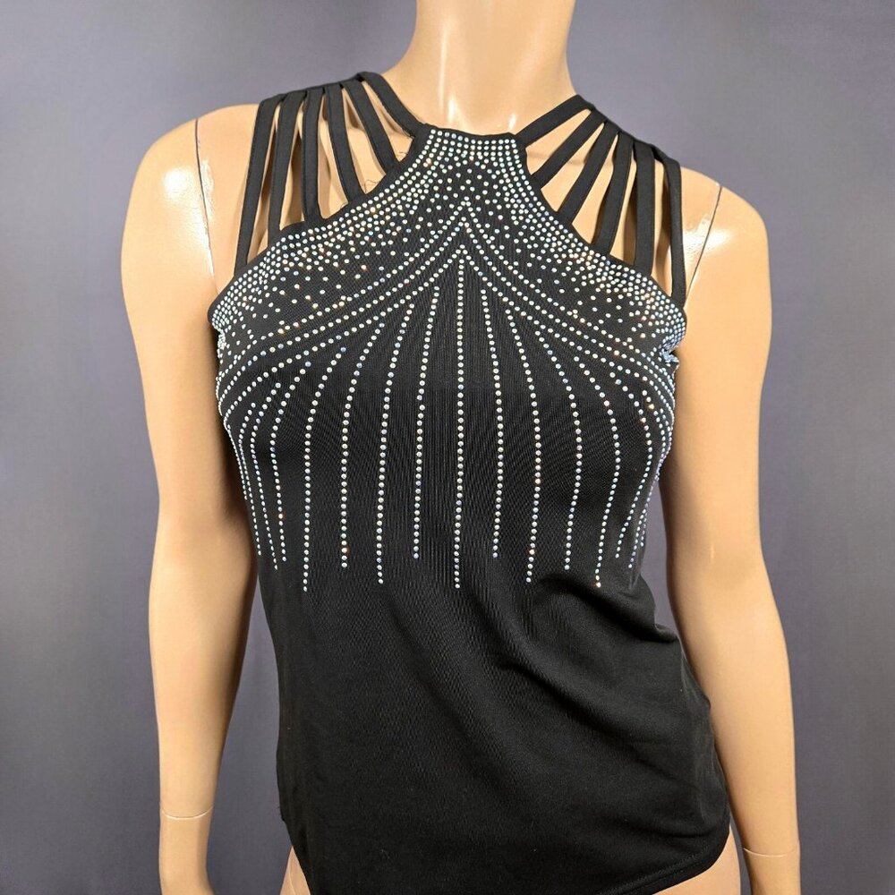 Y2K Black Sleeveless Rhinestone Top Size M Going Out Top Glitter Mcbling